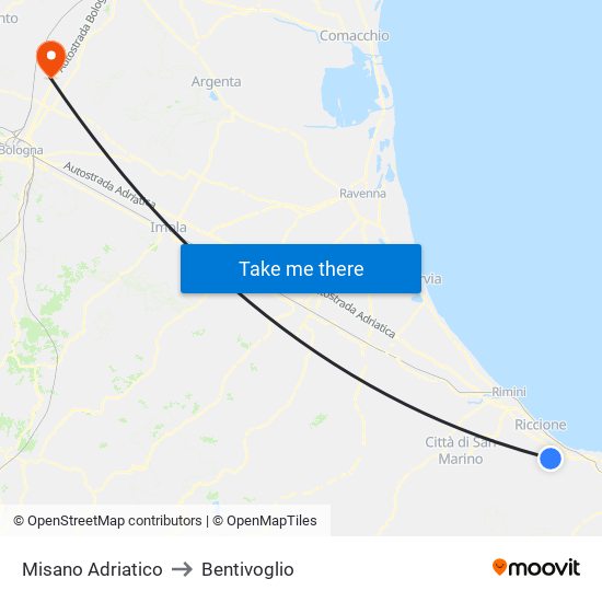 Misano Adriatico to Bentivoglio map