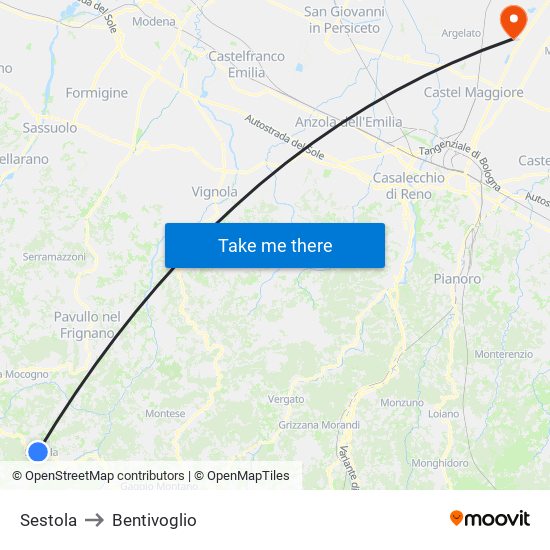 Sestola to Bentivoglio map