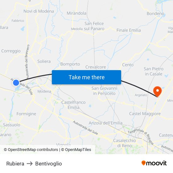 Rubiera to Bentivoglio map