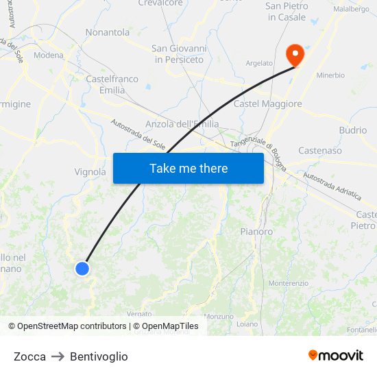 Zocca to Bentivoglio map