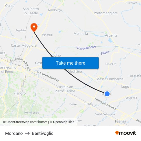 Mordano to Bentivoglio map