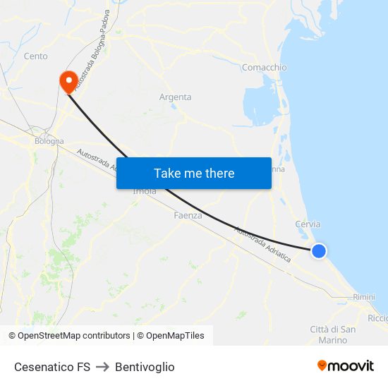 Cesenatico FS to Bentivoglio map