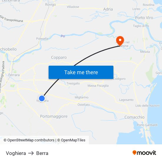 Voghiera to Berra map