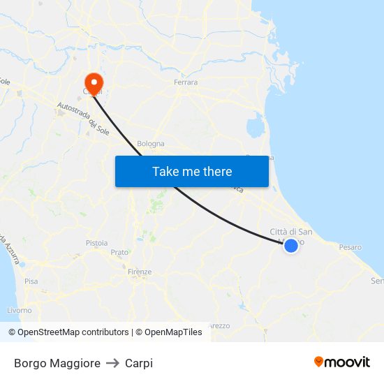 Borgo Maggiore to Carpi map