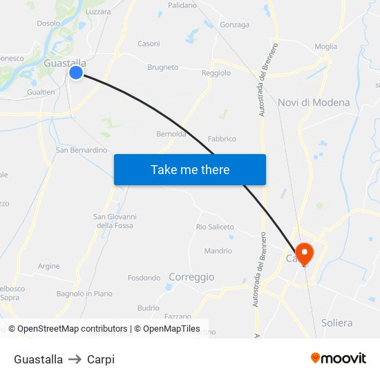 Guastalla to Carpi map