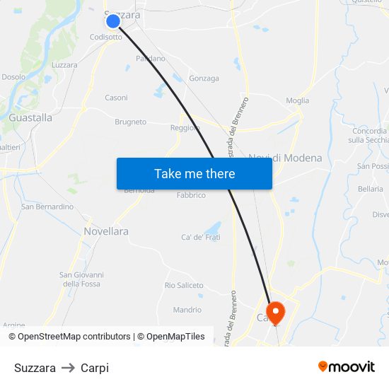 Suzzara to Carpi map