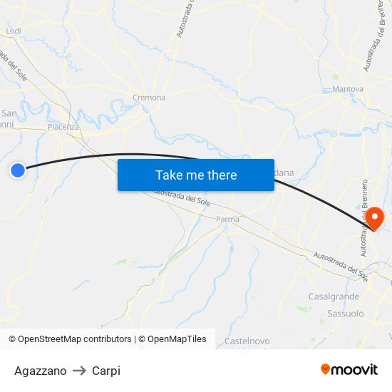 Agazzano to Carpi map
