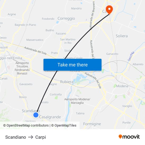 Scandiano to Carpi map