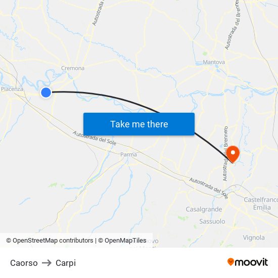 Caorso to Carpi map