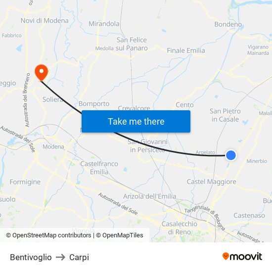 Bentivoglio to Carpi map