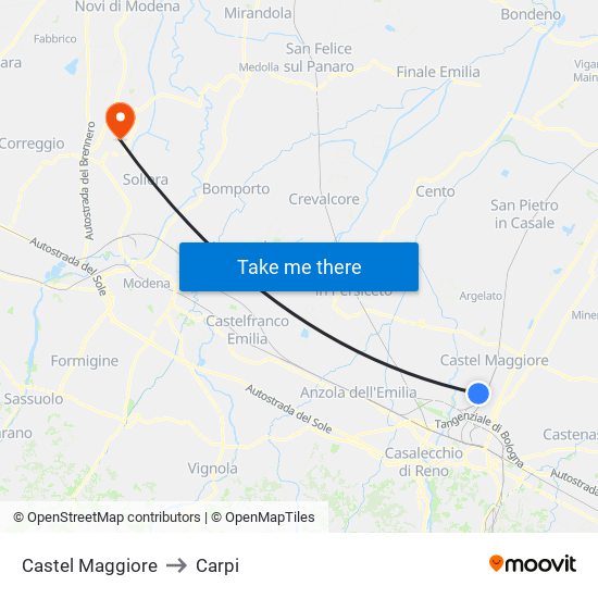 Castel Maggiore to Carpi map