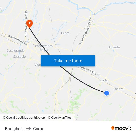 Brisighella to Carpi map