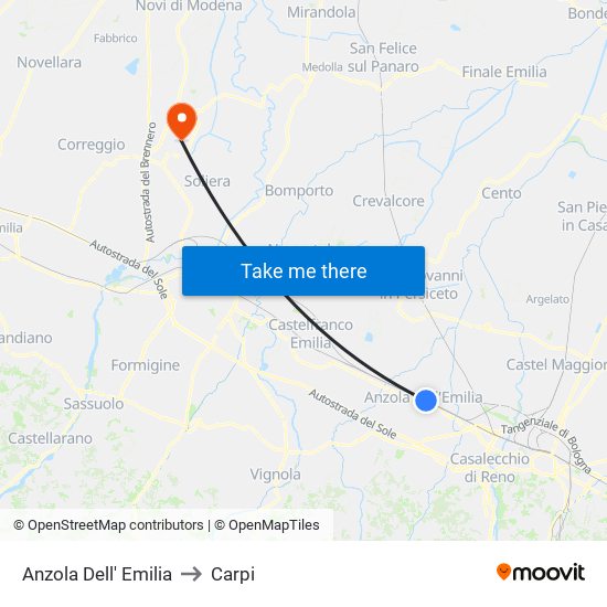 Anzola Dell' Emilia to Carpi map
