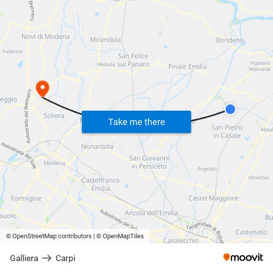Galliera to Carpi map