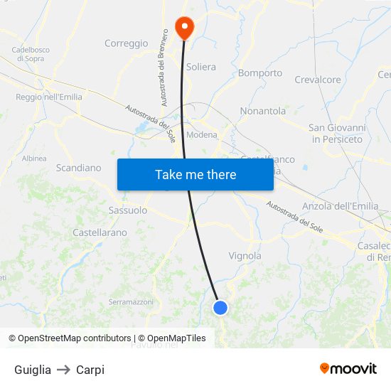 Guiglia to Carpi map