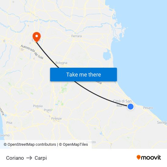 Coriano to Carpi map