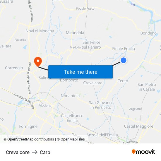 Crevalcore to Carpi map