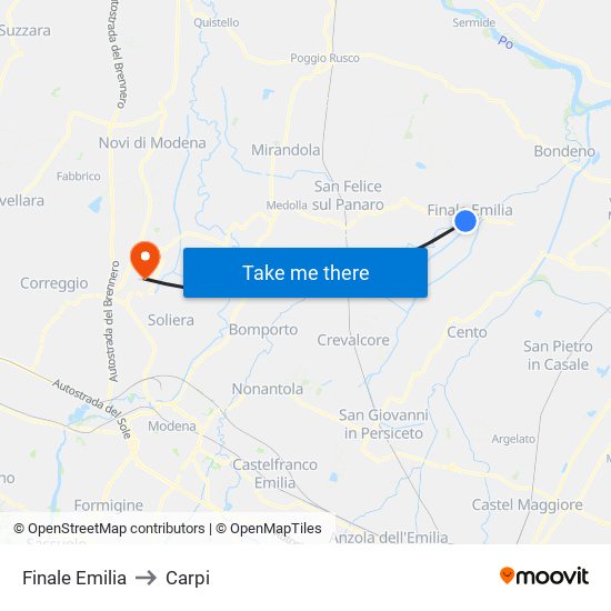Finale Emilia to Carpi map