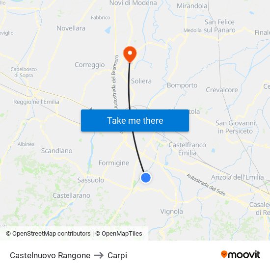 Castelnuovo Rangone to Carpi map
