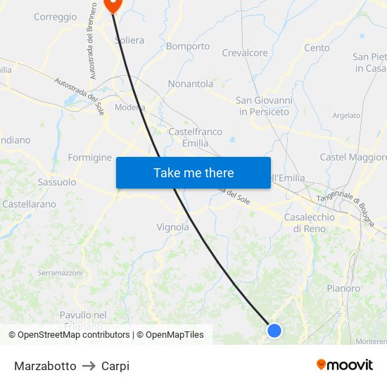 Marzabotto to Carpi map