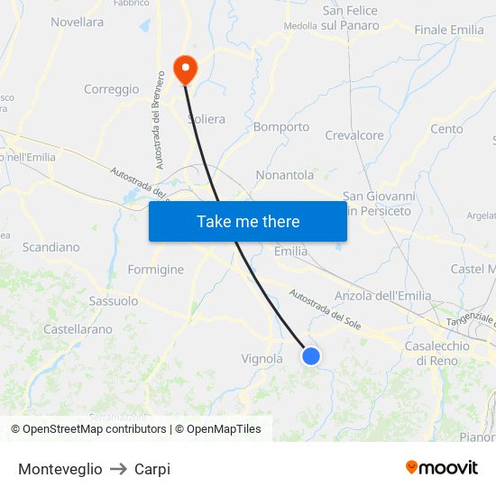 Monteveglio to Carpi map