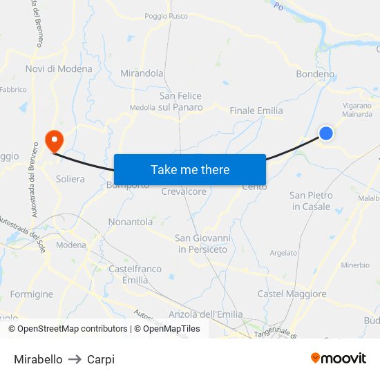 Mirabello to Carpi map