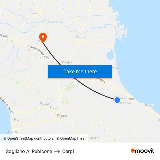 Sogliano Al Rubicone to Carpi map