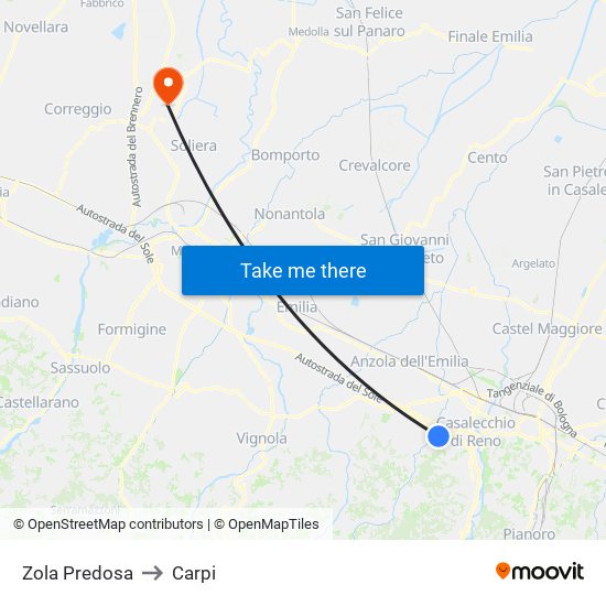 Zola Predosa to Carpi map