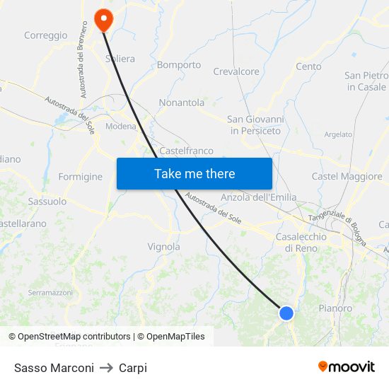 Sasso Marconi to Carpi map