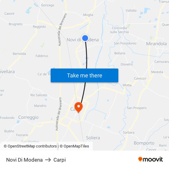 Novi Di Modena to Carpi map