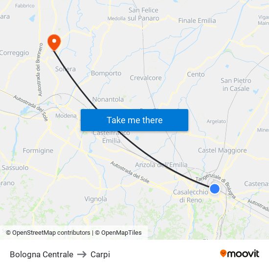 Bologna Centrale to Carpi map