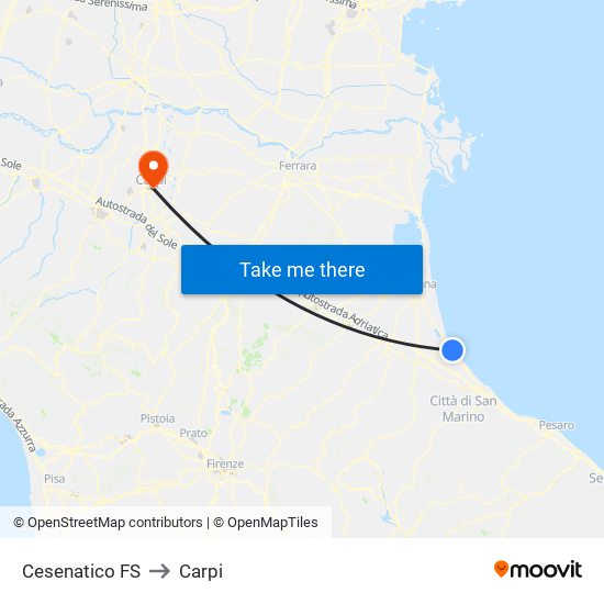 Cesenatico FS to Carpi map