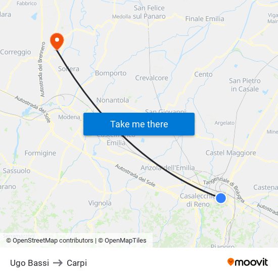 Ugo Bassi to Carpi map