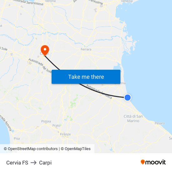 Cervia FS to Carpi map