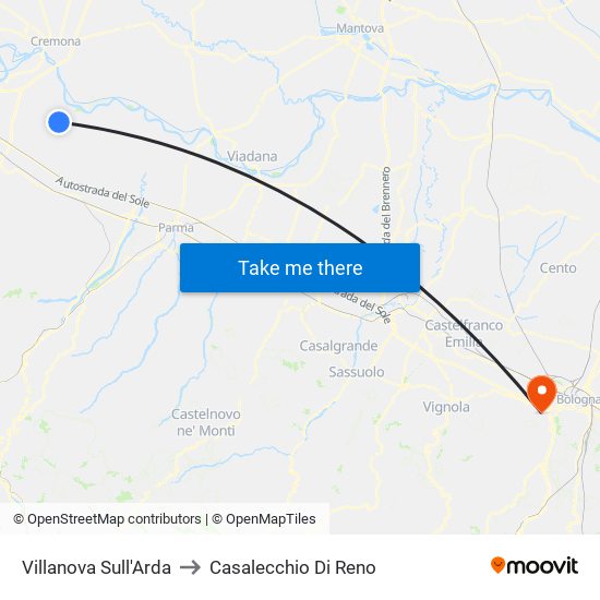 Villanova Sull'Arda to Casalecchio Di Reno map