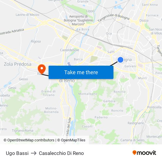 Ugo Bassi to Casalecchio Di Reno map