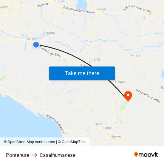 Pontenure to Casalfiumanese map