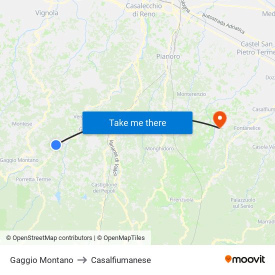 Gaggio Montano to Casalfiumanese map