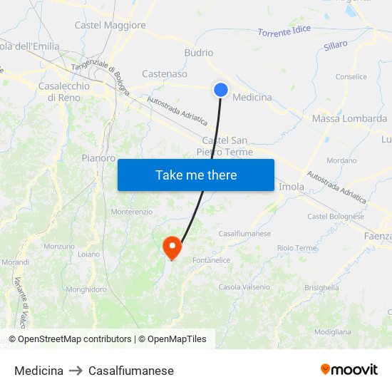 Medicina to Casalfiumanese map
