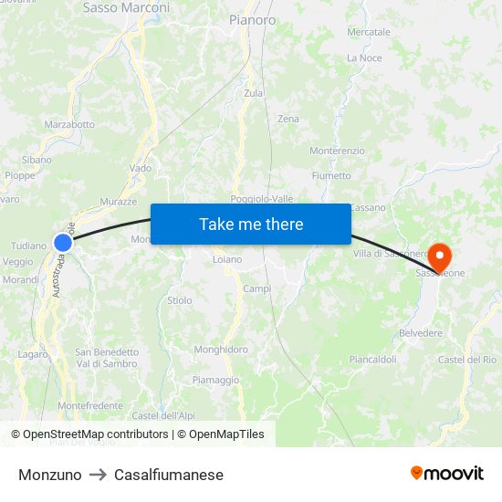 Monzuno to Casalfiumanese map