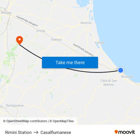 Rimini Station to Casalfiumanese map