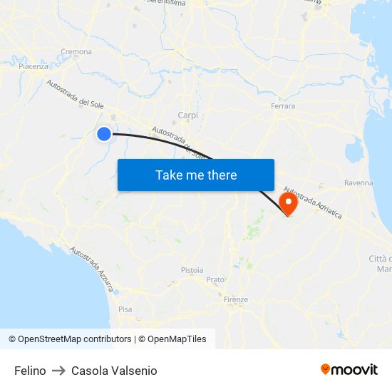 Felino to Casola Valsenio map