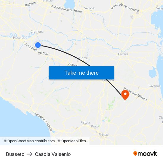 Busseto to Casola Valsenio map