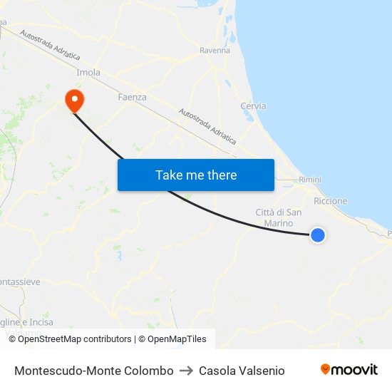 Montescudo-Monte Colombo to Casola Valsenio map