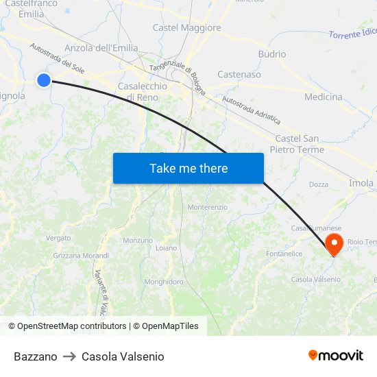 Bazzano to Casola Valsenio map