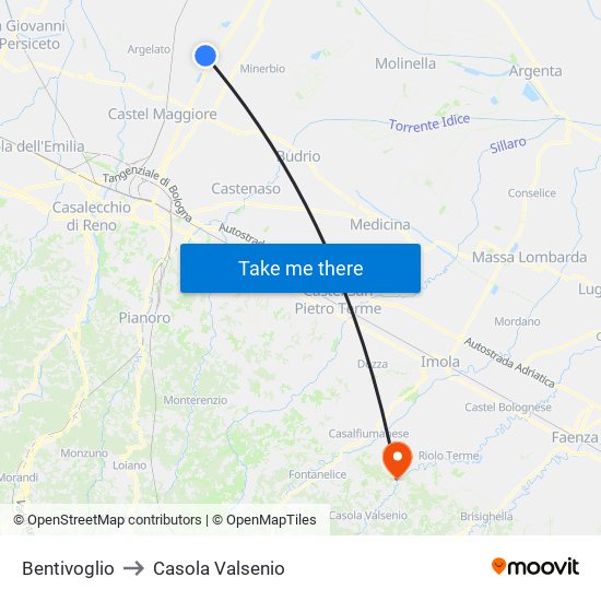 Bentivoglio to Casola Valsenio map