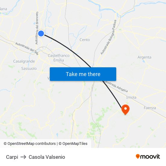 Carpi to Casola Valsenio map