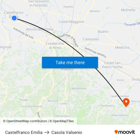 Castelfranco Emilia to Casola Valsenio map