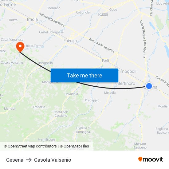 Cesena to Casola Valsenio map