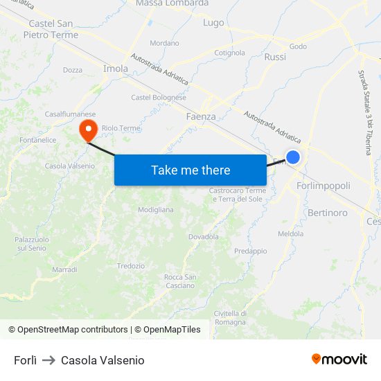 Forlì to Casola Valsenio map